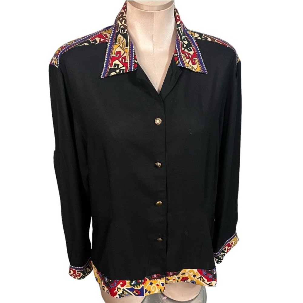 Vintage SK & Company Black with Multi Color Tribal Print Long Sleeve Blo… - Picture 3 of 17